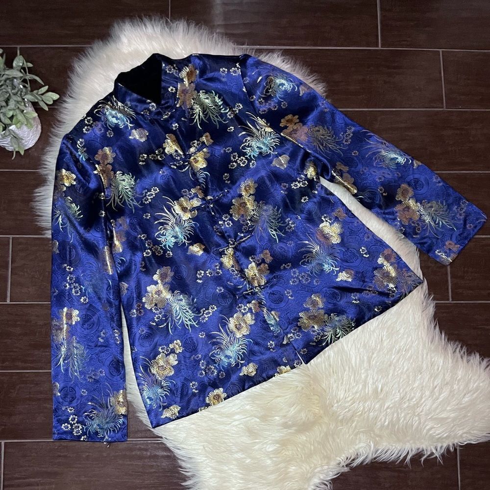 Reversible navy gold tapestry/navy velvet Chinese shacket/jacket sz XL